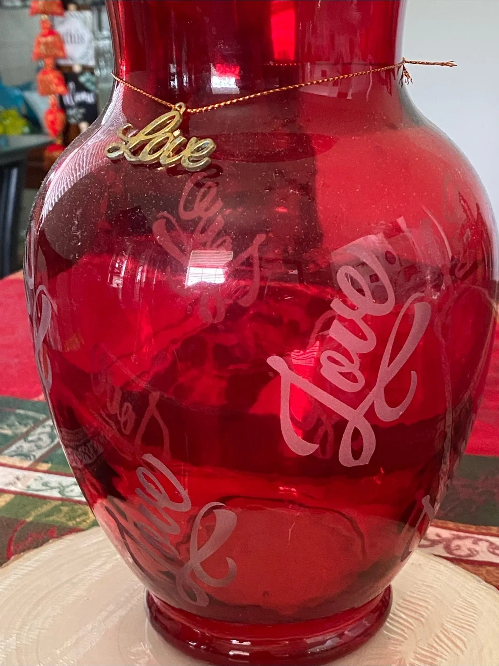 Red 'Love' Glass Vase Love Charm Valentines Day Flower Vase 11”